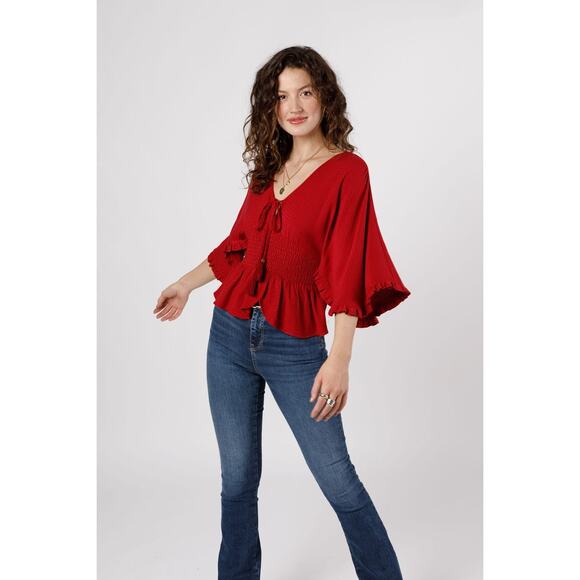 Band Of The Free Smocked Waist Top M Red Geometric Ruffle Dolman Sleeve V Neck - Picture 5 of 10